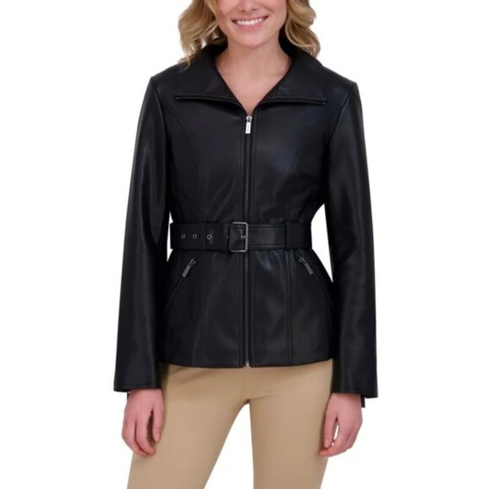 Kenneth Cole Women's Black Faux Leather Belted Jacket